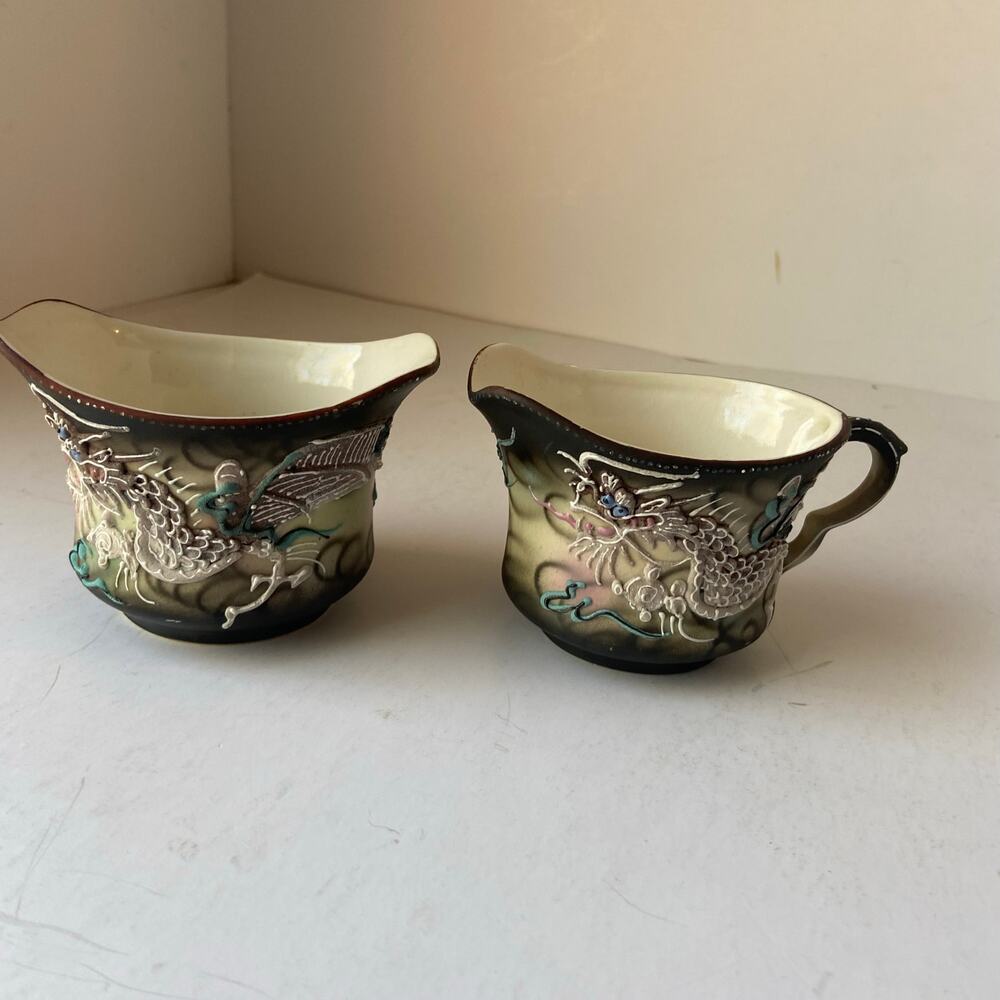 Dragonware Moriage Porcelain Creamer & Sugar Red Letter Japan DragonWare VTG GUC